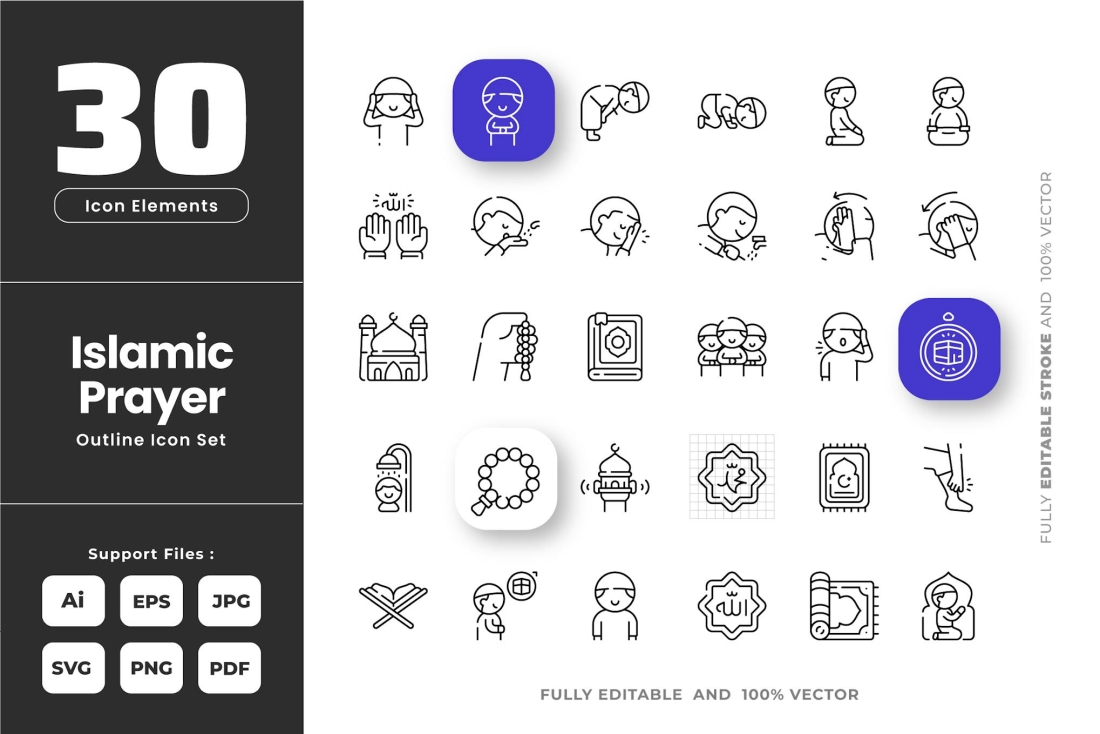 Muslim Prayer Outline Icons Set Pack Collection