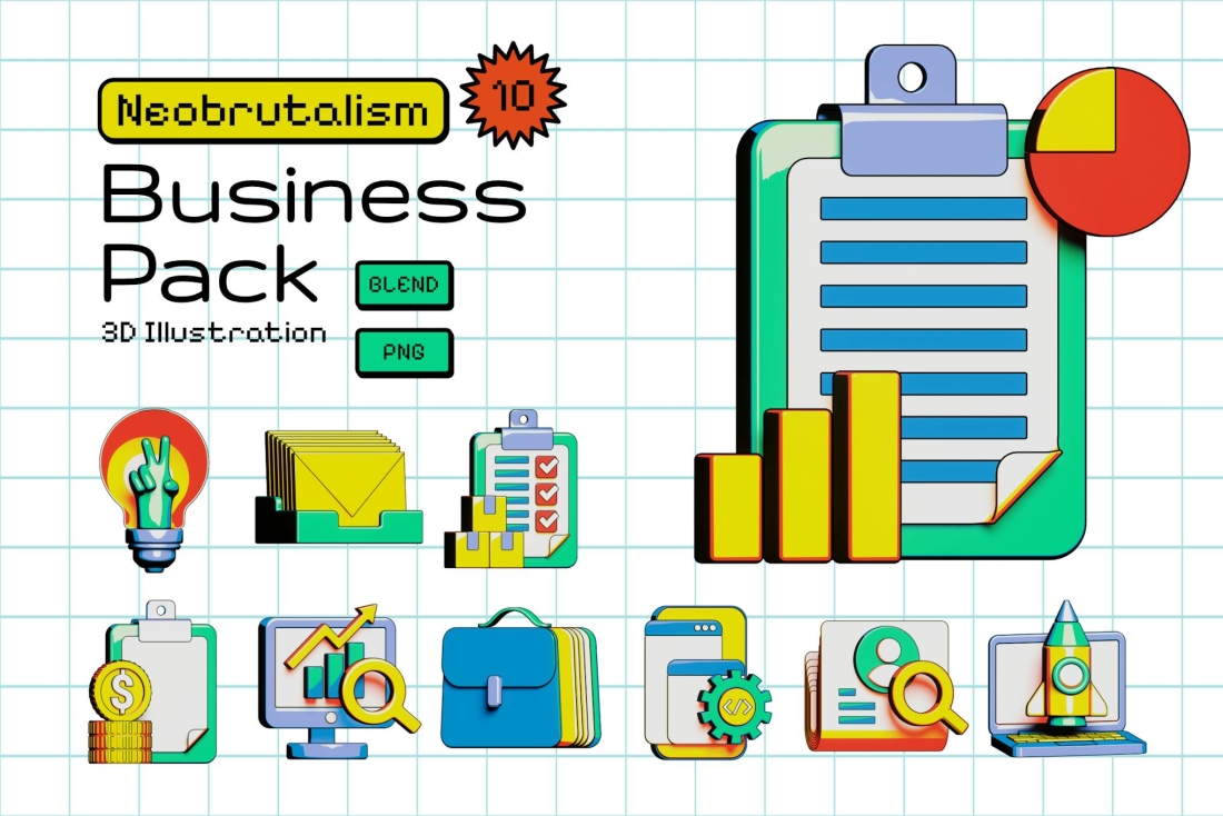 Neobrutalism Business 3D Icon pack