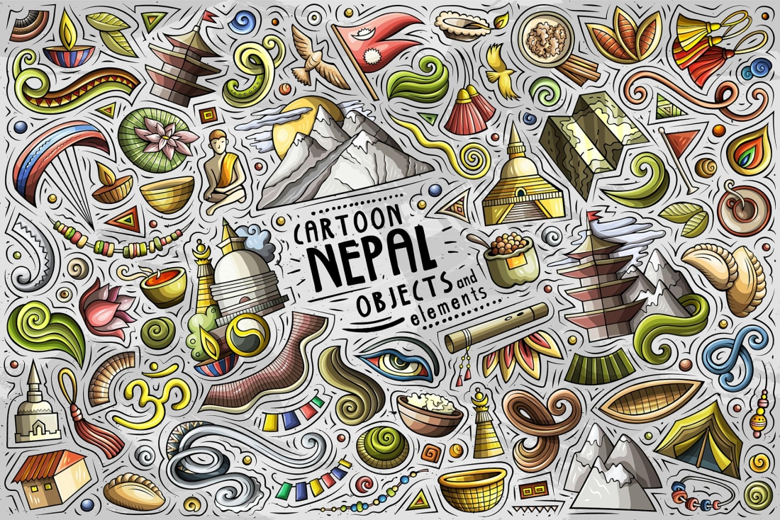 Nepal Cartoon Funny Objects & Symbols Set
