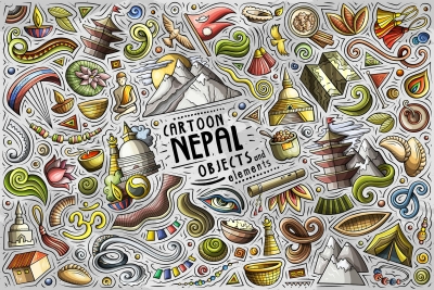 Nepal Cartoon Funny Objects & Symbols Set