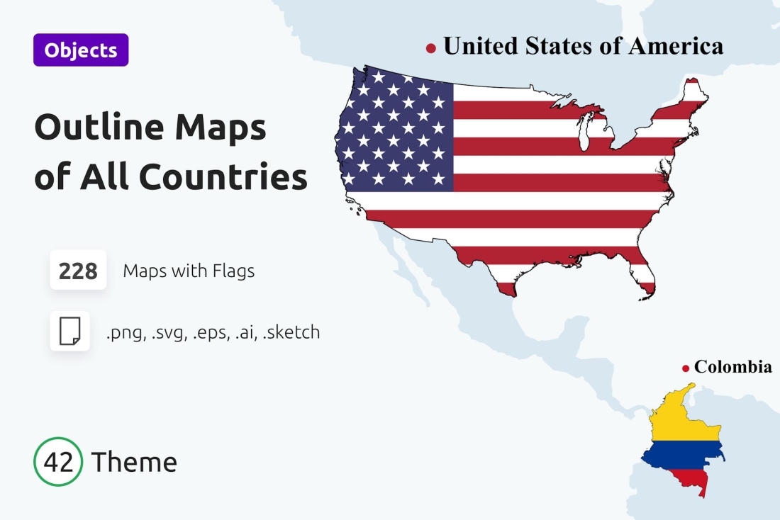 Outline maps with national flags of all countries