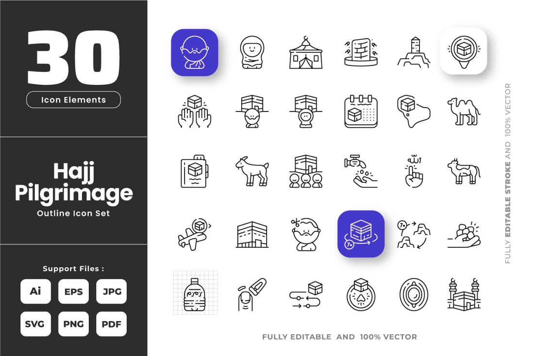 Pilgrimage Hajj Outline Icons Set Pack Collection
