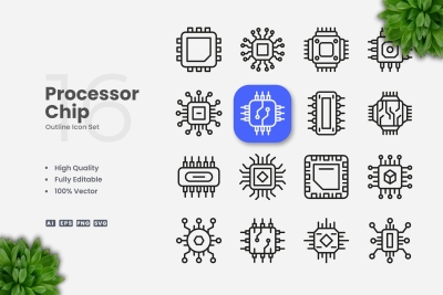 Processor Chip Outline Icons