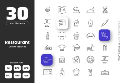 Restaurant Outline Icons Set Collection