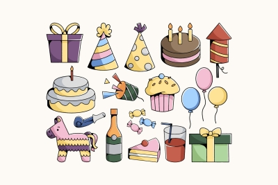 Set of Doodle Birthday Illustrations