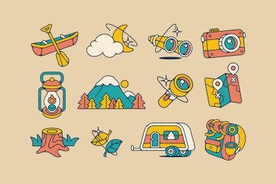 Set of Hand Drawn Summer Camp Illustrations