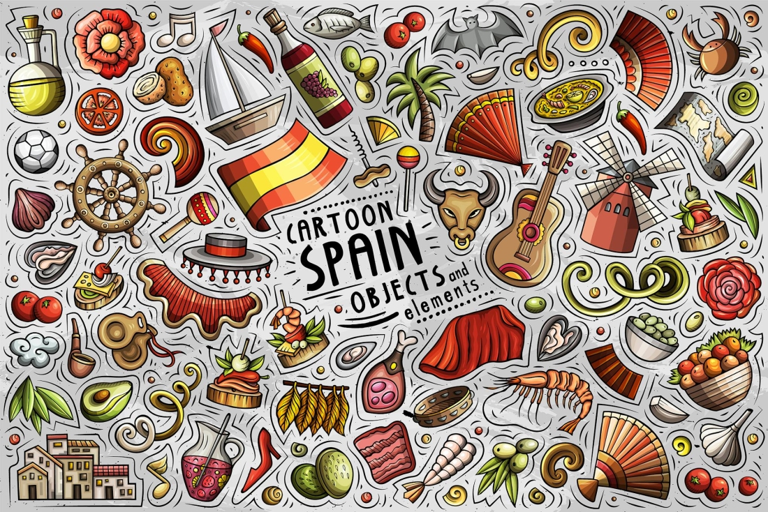 Spain Cartoon Funny Objects & Symbols Set