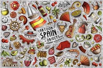 Spain Cartoon Funny Objects & Symbols Set