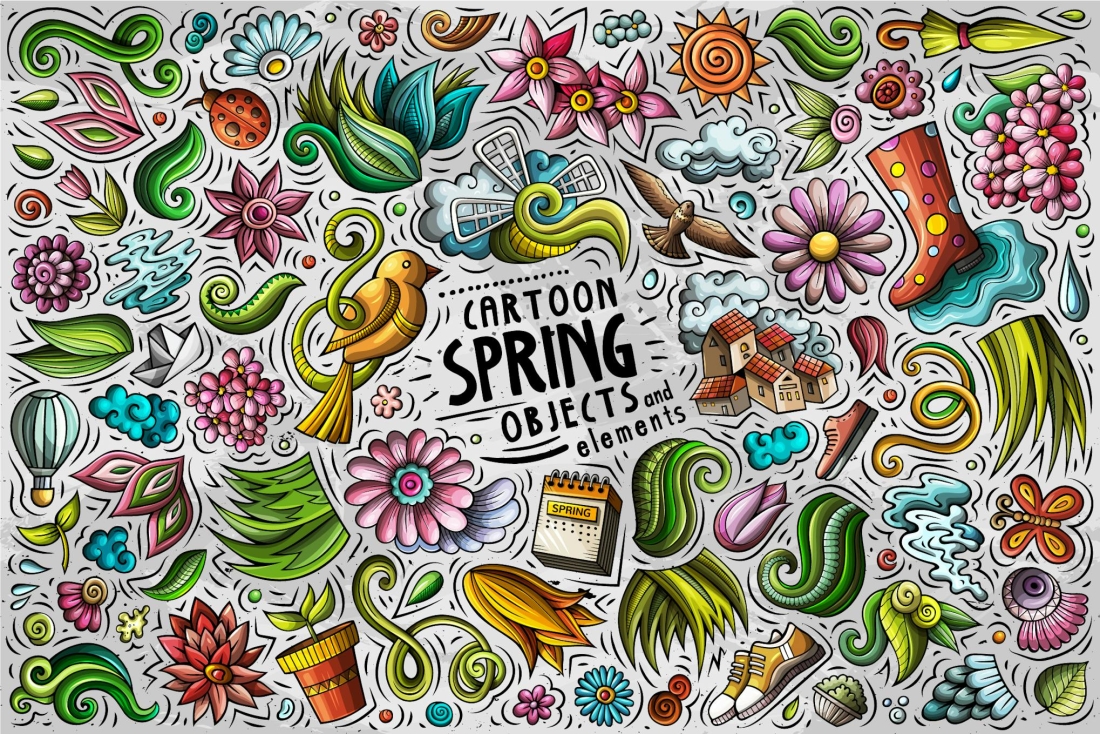 Spring Cartoon Funny Objects Set