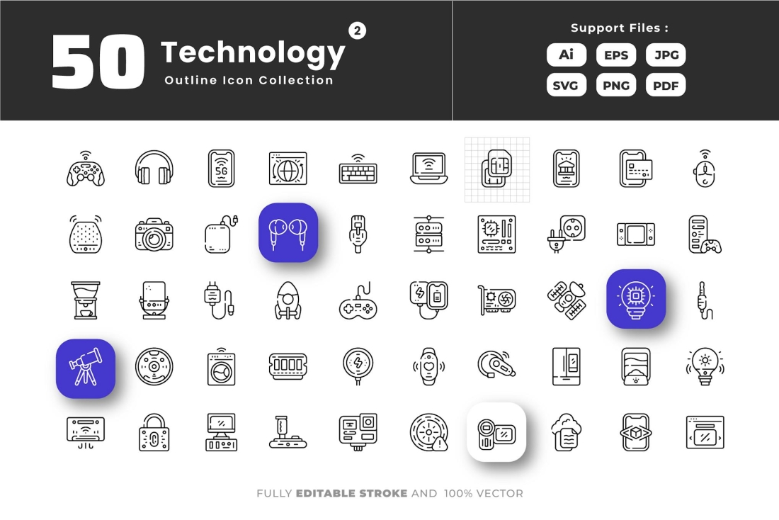 Technology Outline Icons Set Collection