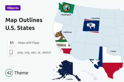 U.S. States Map Outlines with Flags