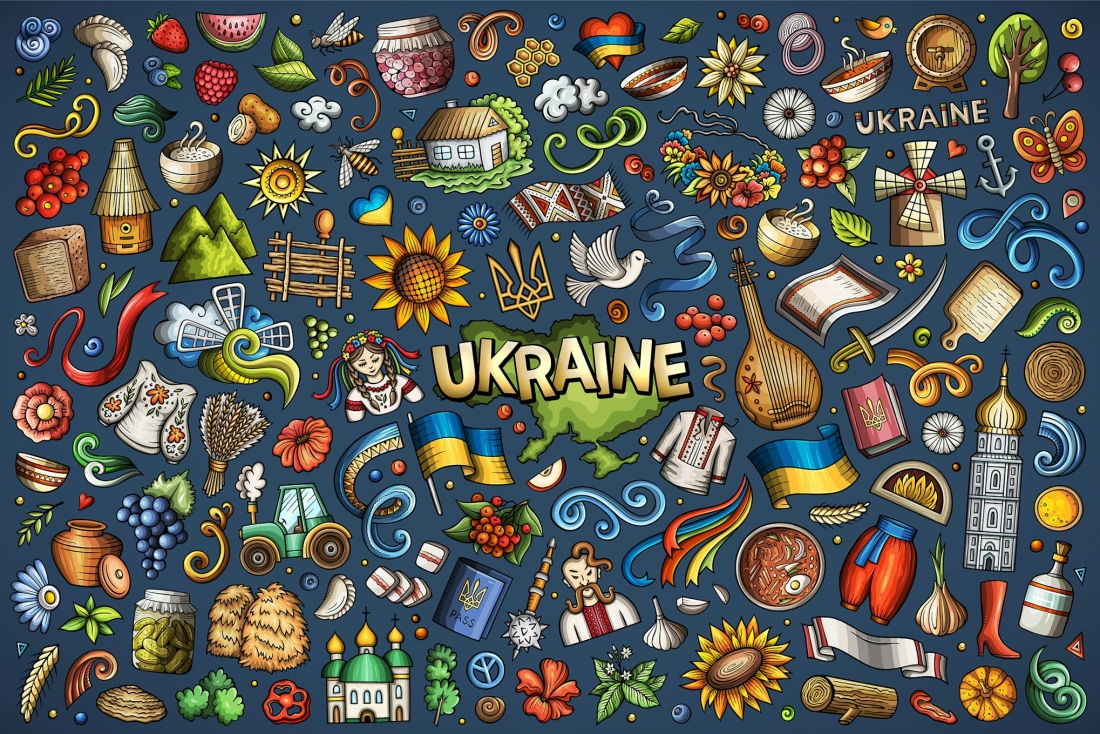 Ukraine Cartoon Funny Objects & Symbols Set
