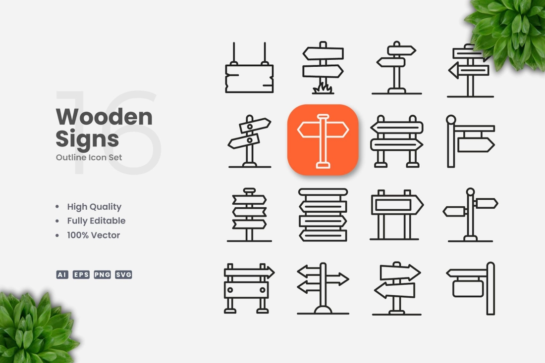 Wooden Signs Outline Icons
