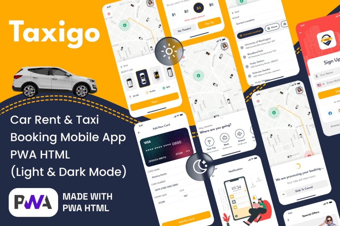 Car Rental and Taxi Booking Mobile App PWA HTML