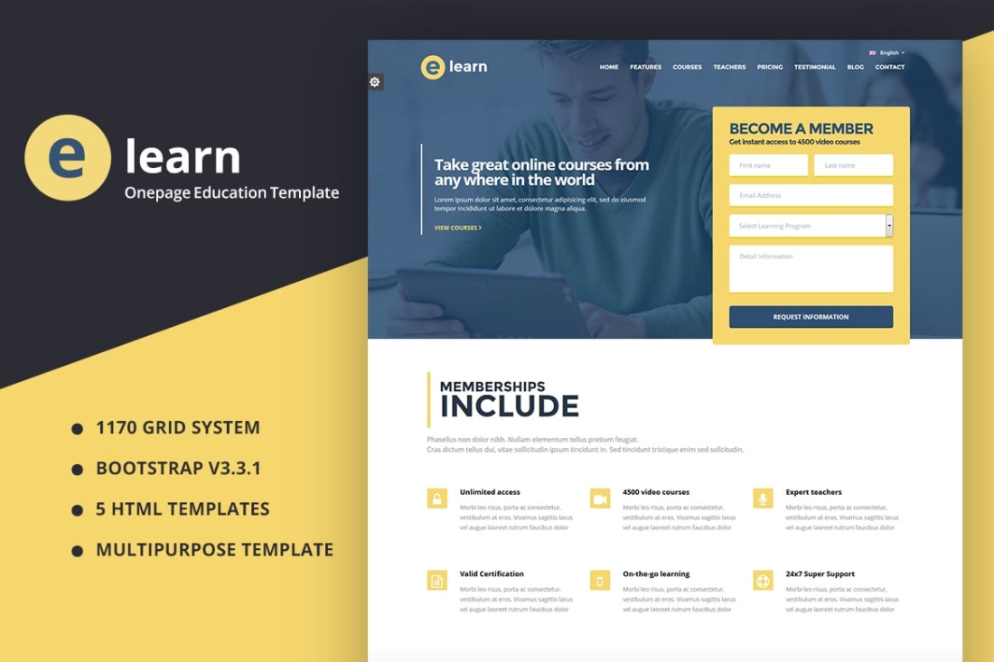 e-Learn - Onepage Bootstrap Education HTML