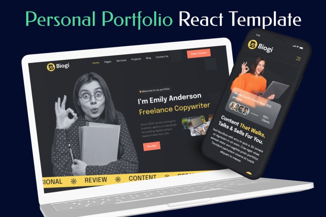 Personal Portfolio  Writer React Template - Biogi