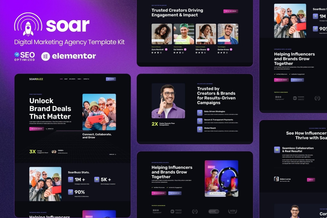 SoarBuzz - Influencer Agency Elementor Template Kit