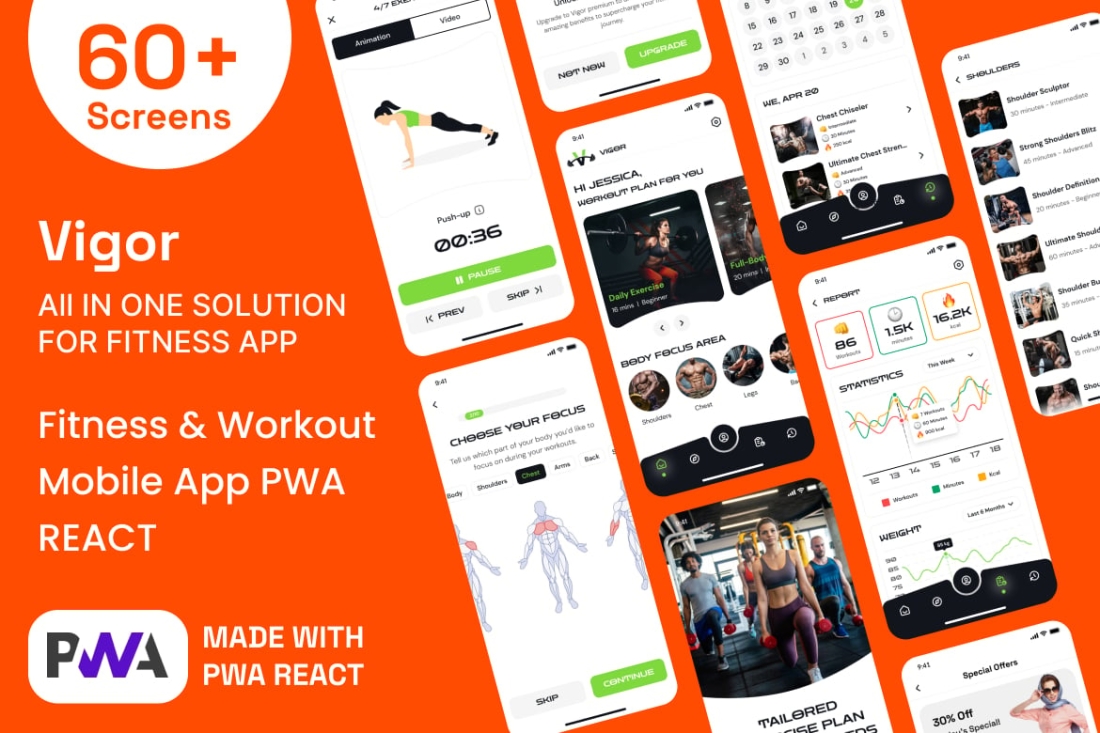 Vigor - Fitness & Gym Workout Mobile App PWA HTML
