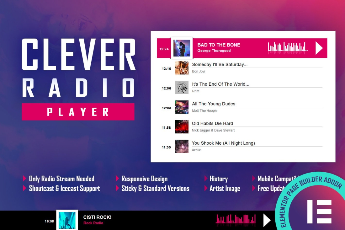 CLEVER - HTML5 Radio Player & History - Elementor 2.5