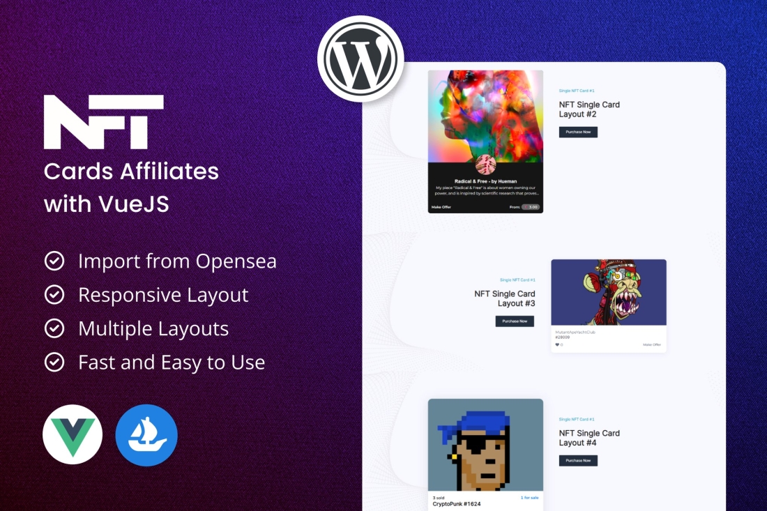 WordPress Live NFT Cards Affiliates with VueJS 2.0.0