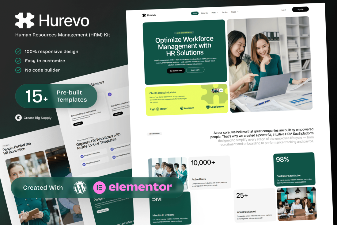 Hurevo – Human Resources Management HRM SAAS Platform Elementor Template Kit