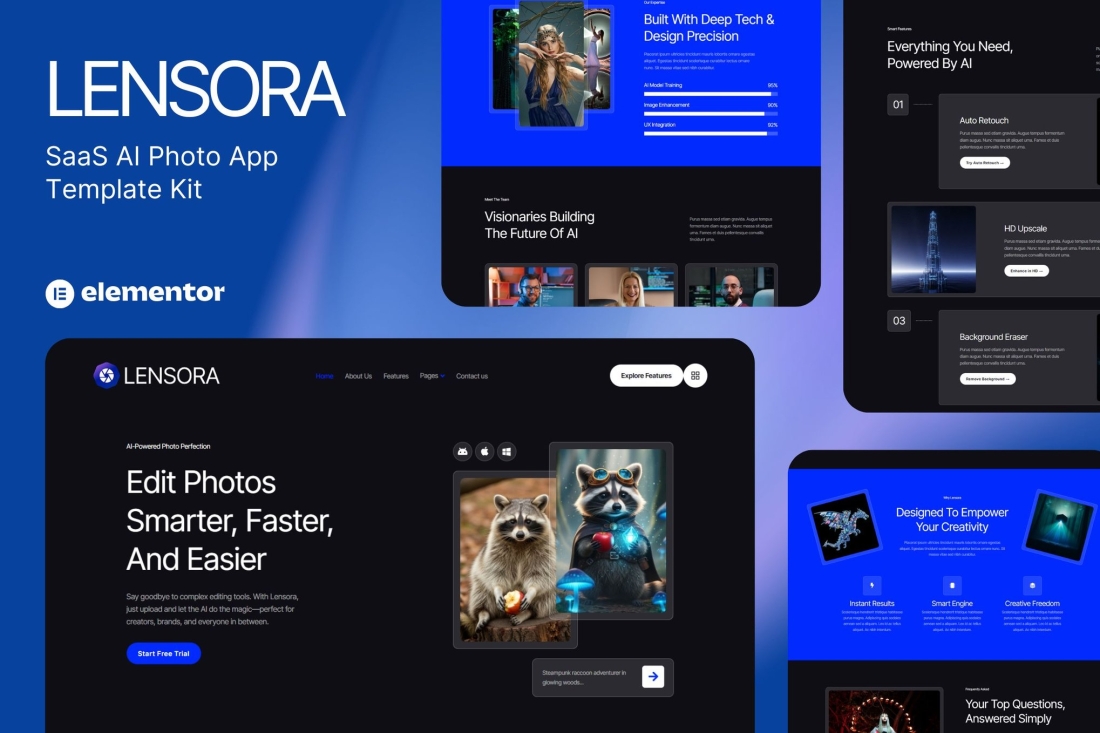 Lensora - SaaS AI Photo App Website Elementor Template Kit