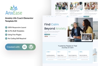 AnxEase - Anxiety Life Coach Elementor Template Kit