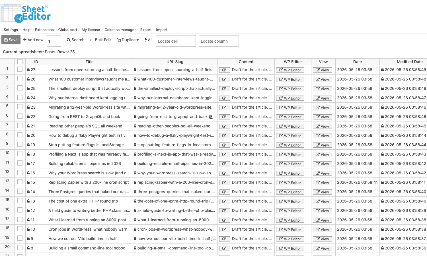 WP Sheet Editor: posts spreadsheet view Main WP Sheet Editor spreadsheet view showing 25 WordPress posts with columns for ID, Title, URL Slug, Content, WP Editor, View, Date, Modified Date, Author across the editor's plugin toolbar