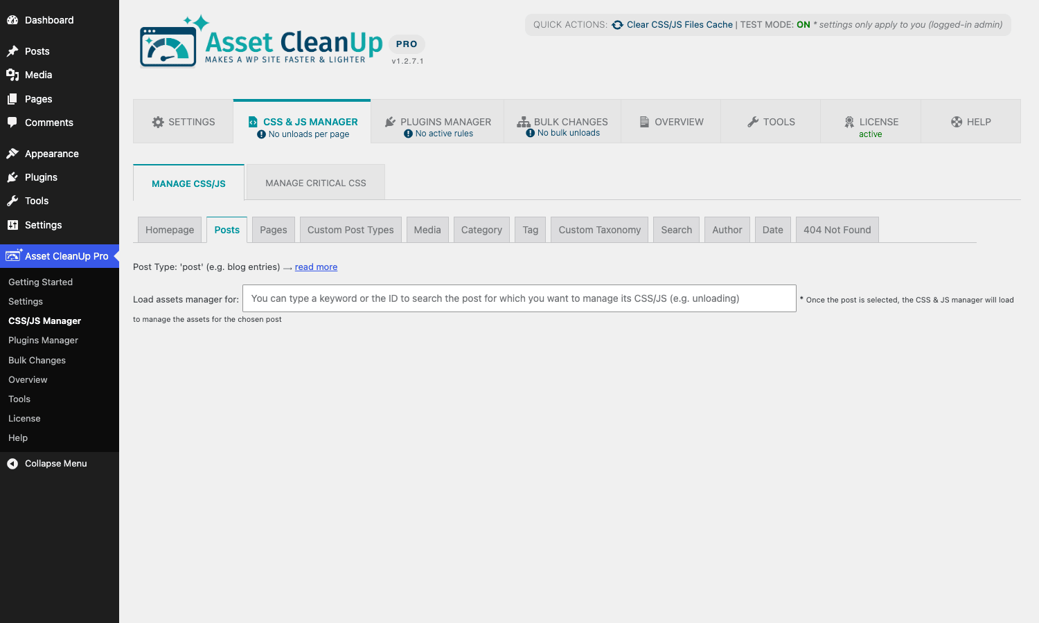 CSS and JS Manager landing page Asset CleanUp Pro CSS and JS Manager showing post-type tabs