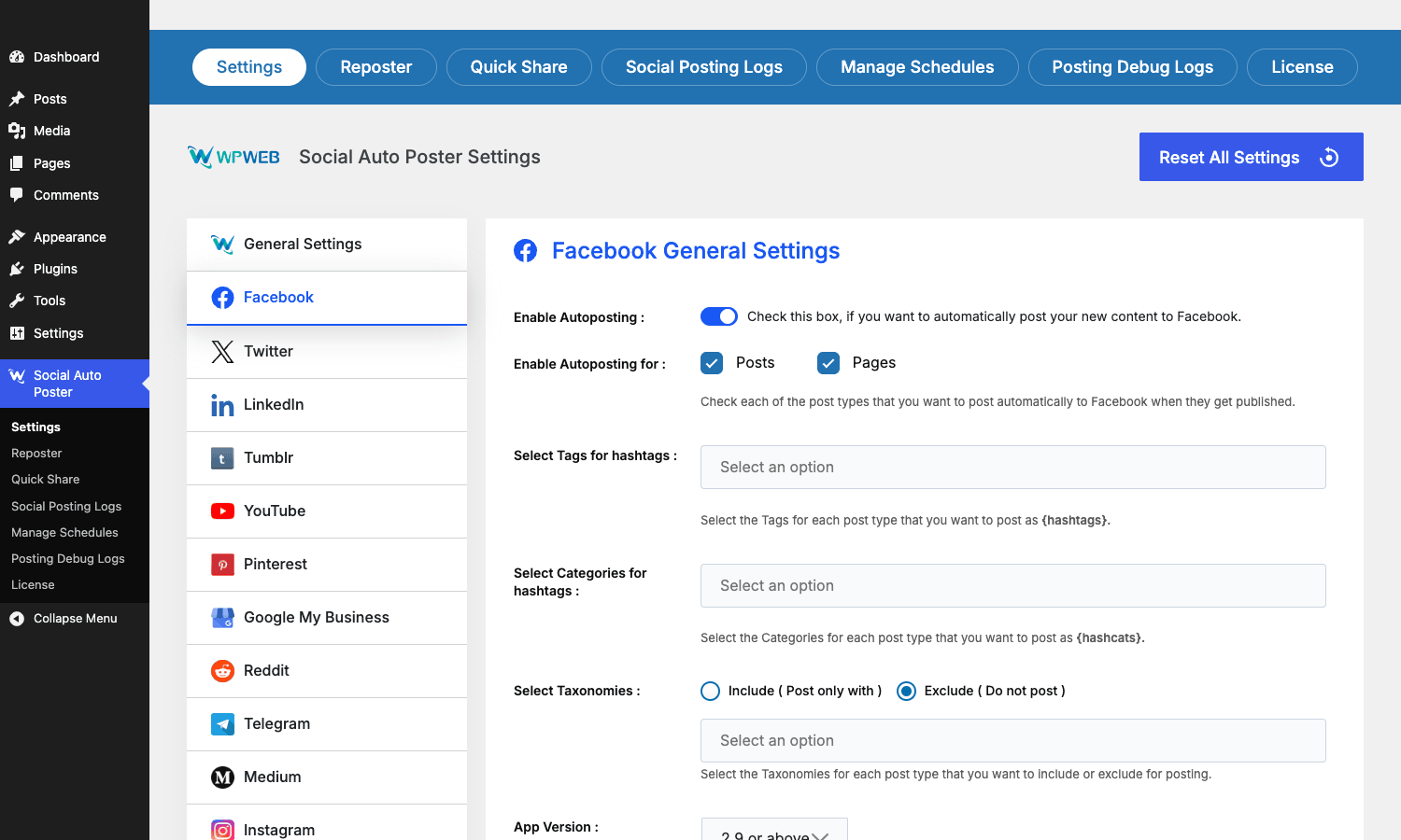 Social Auto Poster Facebook tab Social Auto Poster Settings page with Facebook tab open and autoposting enabled across Posts and Pages