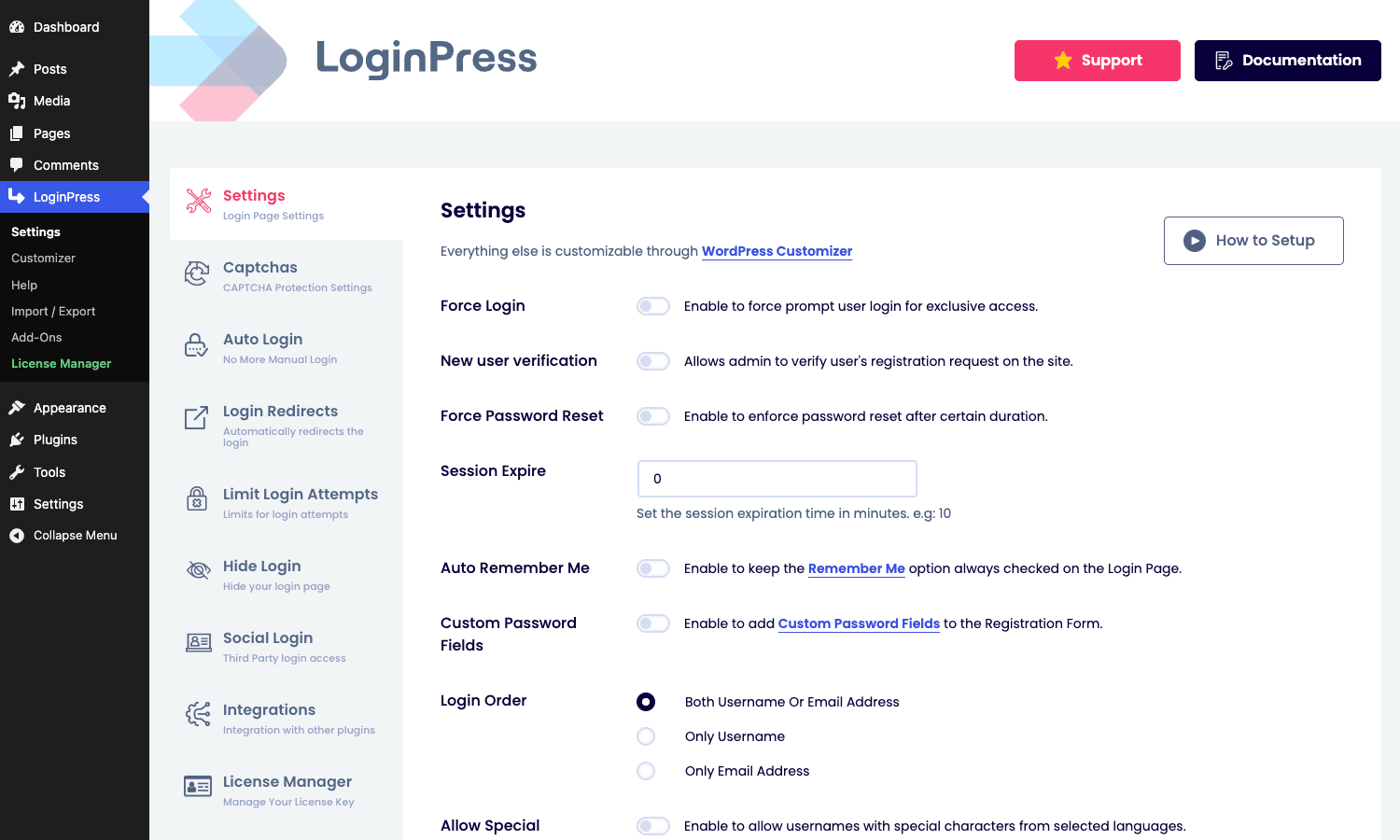 LoginPress Settings tab with Force Login, session expiry, and password reset options LoginPress Settings page in wp-admin