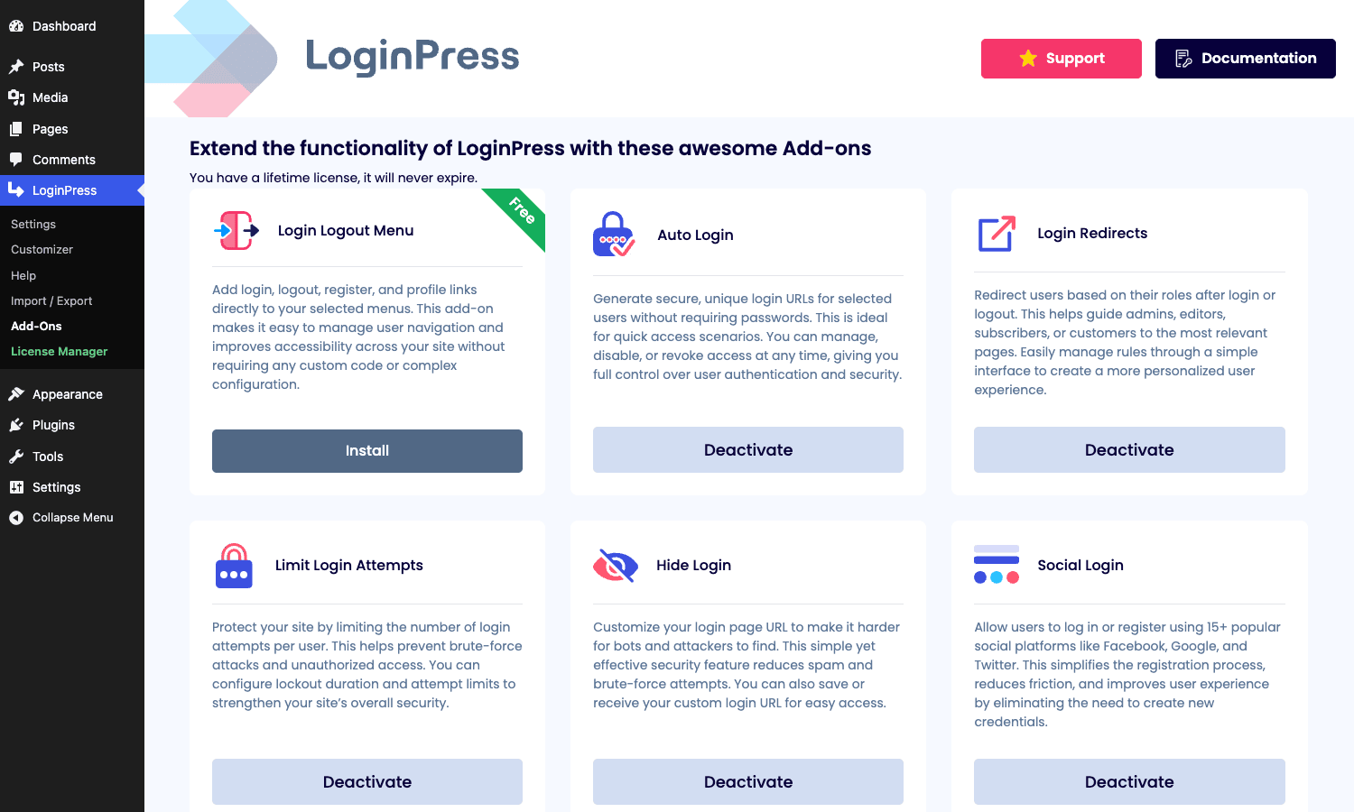 LoginPress bundled Pro add-ons LoginPress Add-Ons grid with cards for the six bundled add-ons