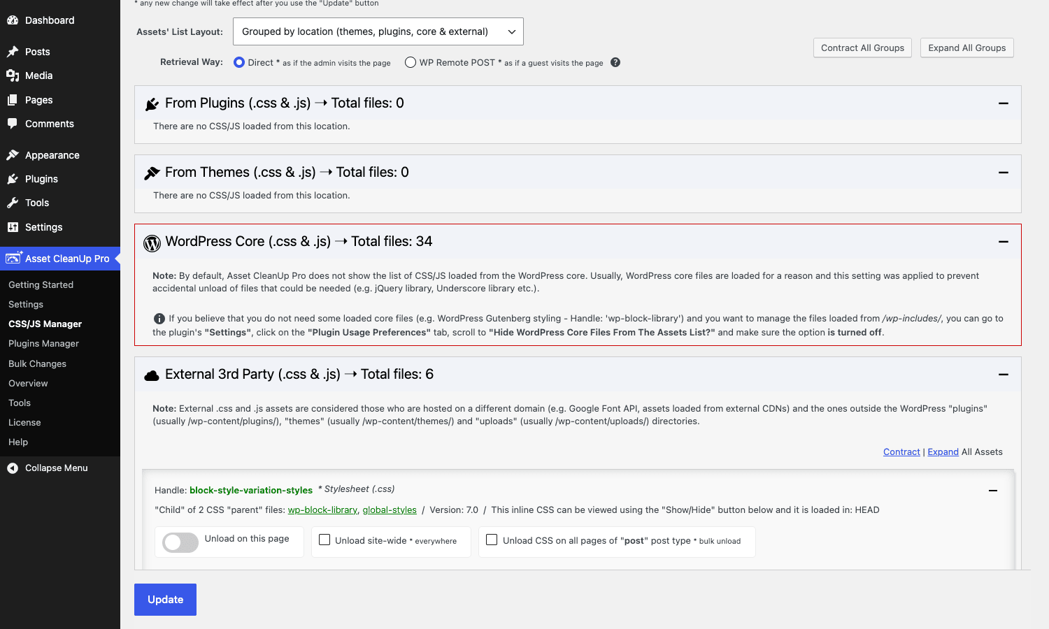 Per-post asset list sections Asset CleanUp Pro per-post asset list grouped by source