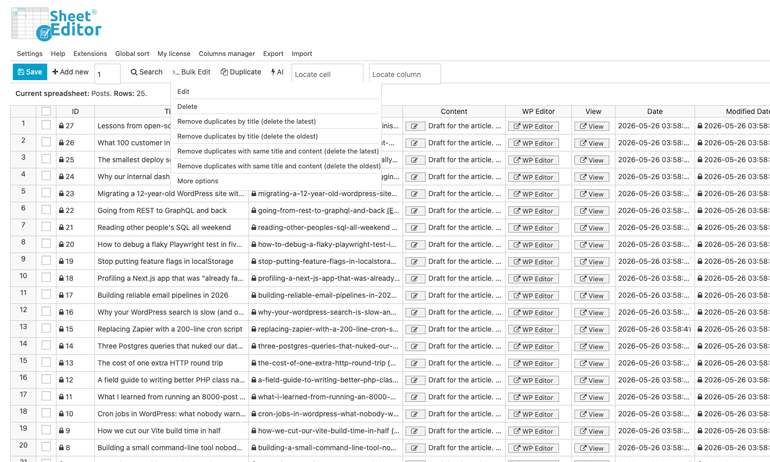 Row context menu: remove duplicates, delete Right-click row context menu showing options to Remove duplicates by title, by content, by URL, and Delete