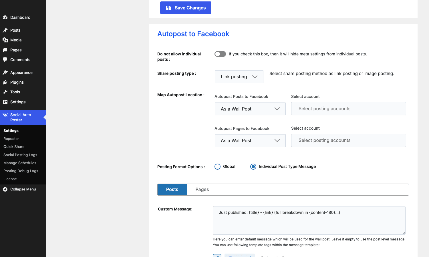 Per-post-type Facebook message templates Facebook tab with Individual Post Type Message option selected and Posts/Pages sub-tabs showing distinct templates