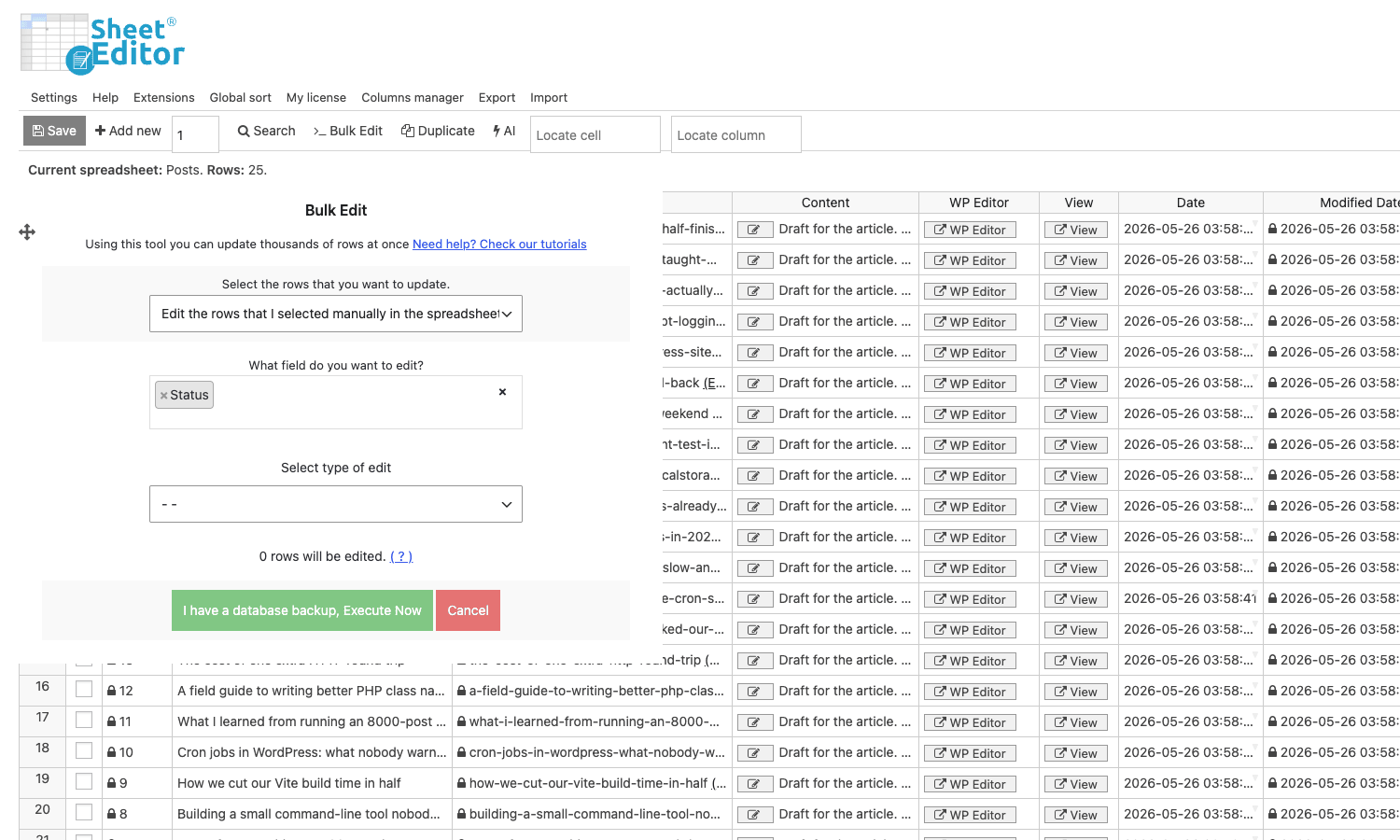 Bulk Edit modal Bulk Edit modal with three dropdowns selected: edit-the-rows-I-selected-manually, Status column, and edit-type formula, with a green Save backup and execute now button