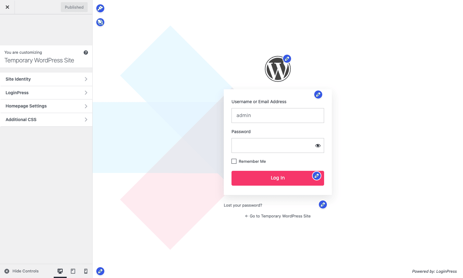 LoginPress Customizer showing the live login preview LoginPress Customizer with live preview of the login form
