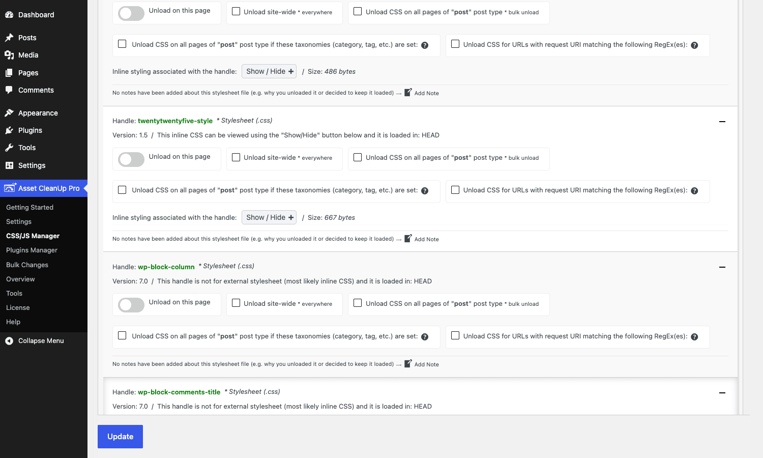 Per-post asset row controls Asset CleanUp Pro per-post asset list with handle-level unload controls