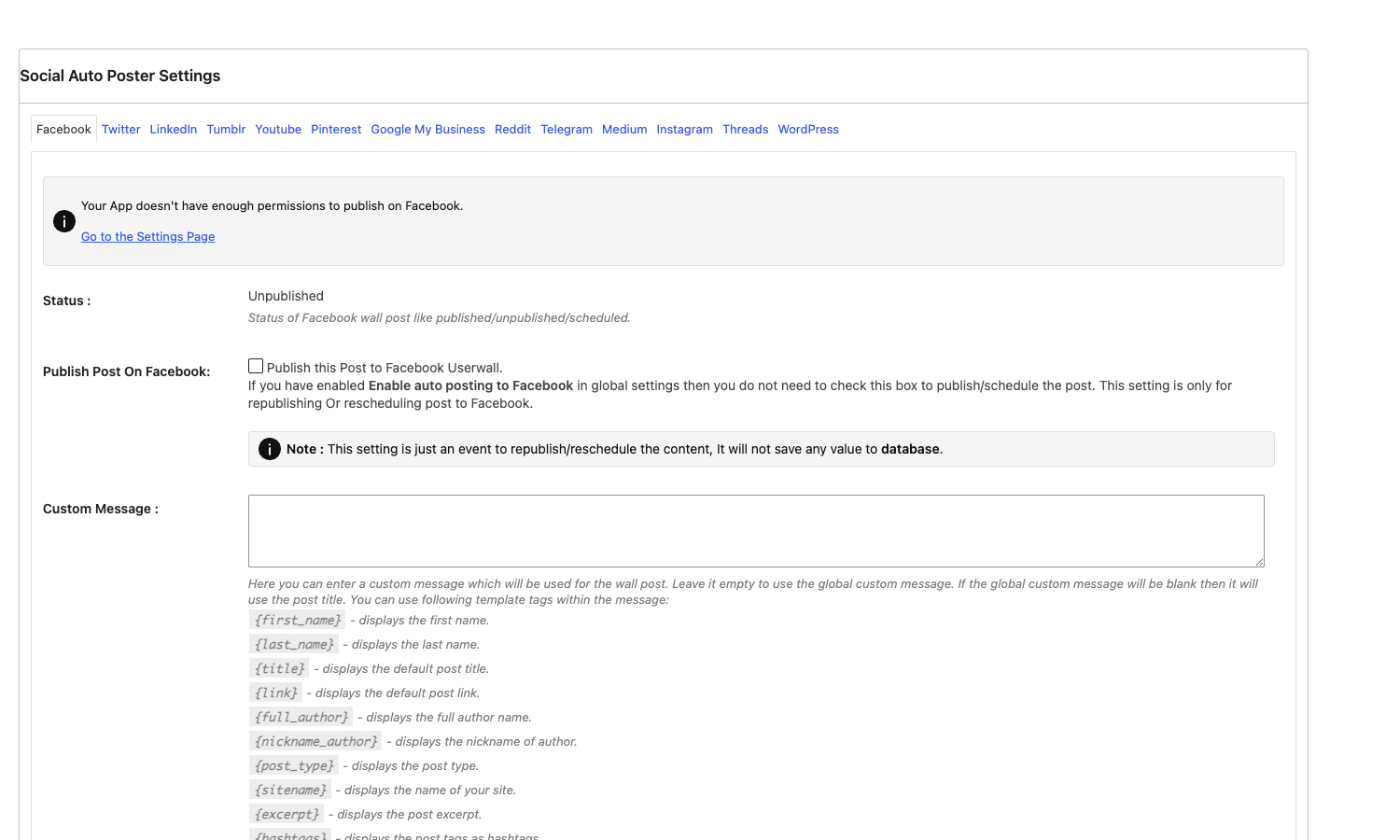 Per-post Social Auto Poster meta box Social Auto Poster per-post meta box with twelve network tabs and the template tag legend