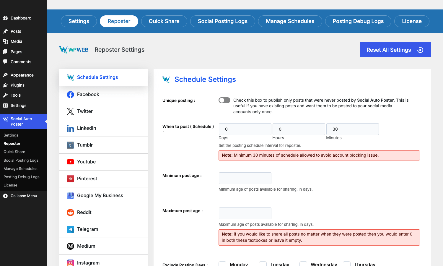 Reposter scheduling Reposter Schedule Settings with unique-posting toggle and minimum/maximum post age fields