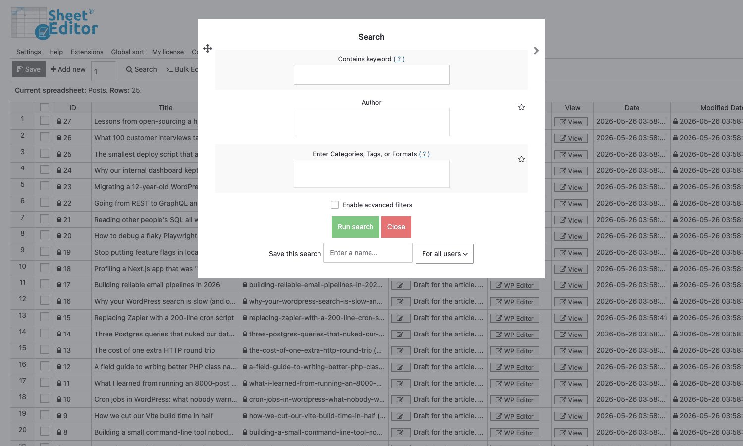 Search modal with saved searches Search modal with fields for Contains keyword, Author, Enter Categories / Tags / Formats, an enable advanced filters toggle, Save this search field, and Run search and Close buttons