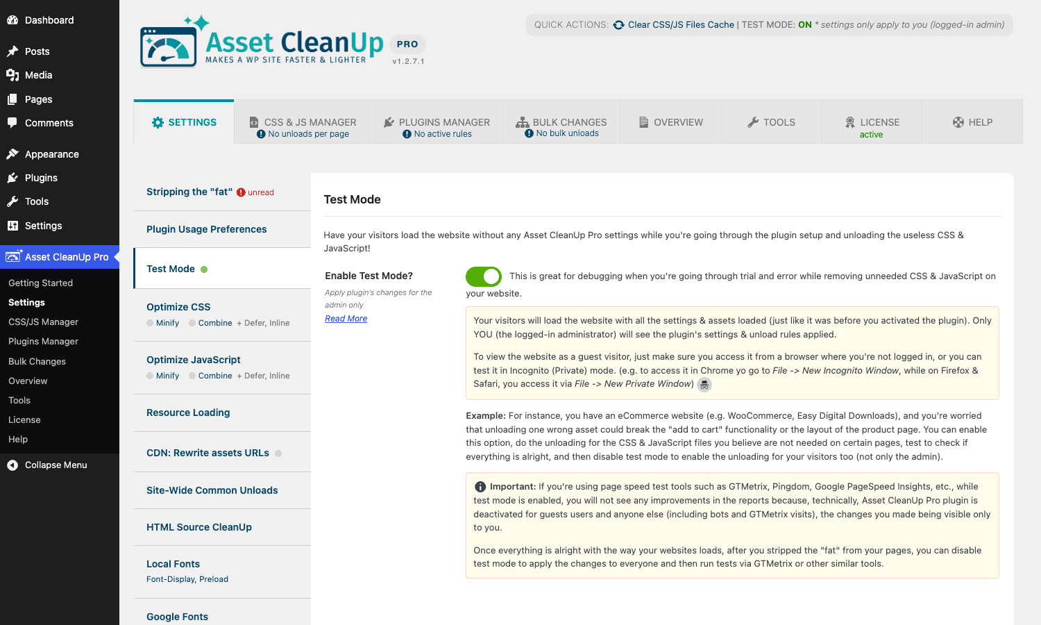 Test Mode panel Asset CleanUp Pro Test Mode toggle and explainer panel