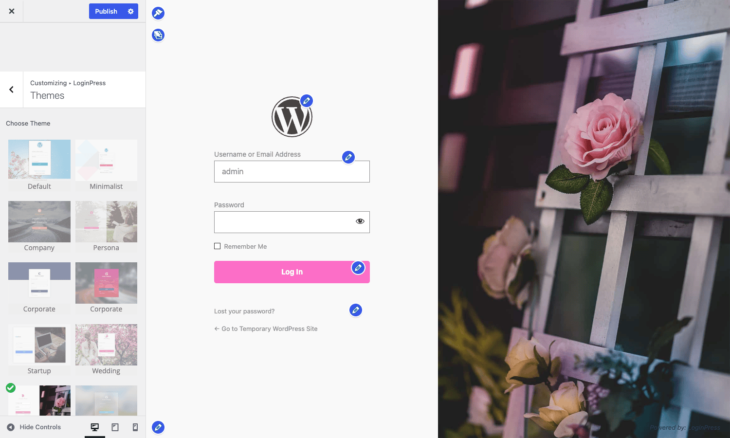 LoginPress Themes panel with live preview LoginPress template picker with the Wedding template applied to the preview