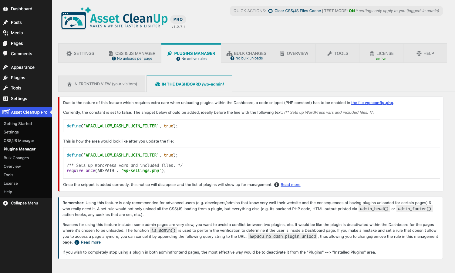 Plugins Manager Dashboard tab Asset CleanUp Pro Plugins Manager Dashboard tab