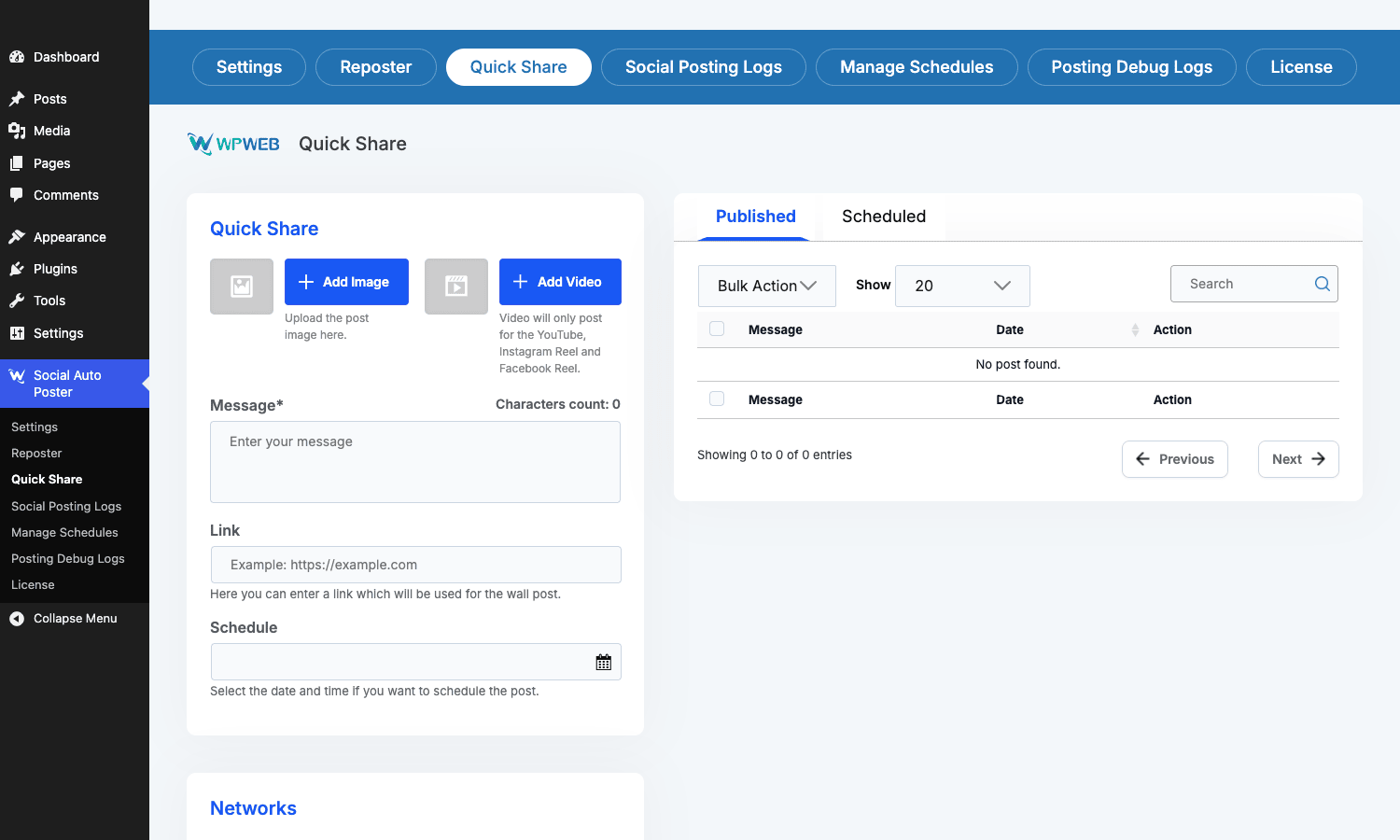 Quick Share composer Quick Share interface with image, video, message, link, schedule fields and Published/Scheduled table