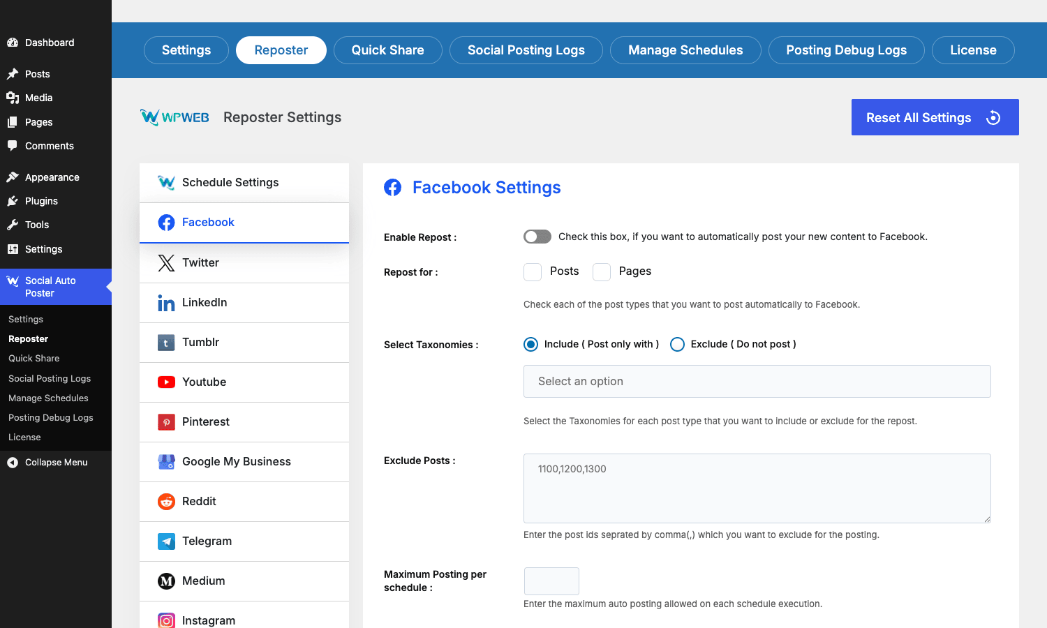 Reposter Facebook configuration Reposter Facebook tab showing Exclude Posts and Maximum Posting per Schedule fields