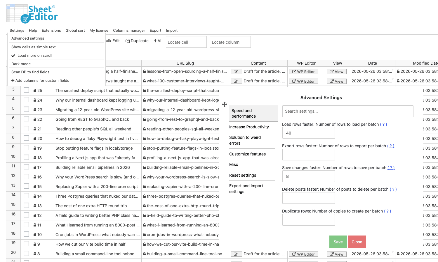 Settings: speed and performance tuning Settings modal showing Advanced Settings panel with Load more faster, Save changes faster, Delete posts faster, and Duplicate rows faster numeric inputs, with left-side navigation for Speed and performance, Solution to avoid crashes, Customize features, Mass Actions, Reset settings