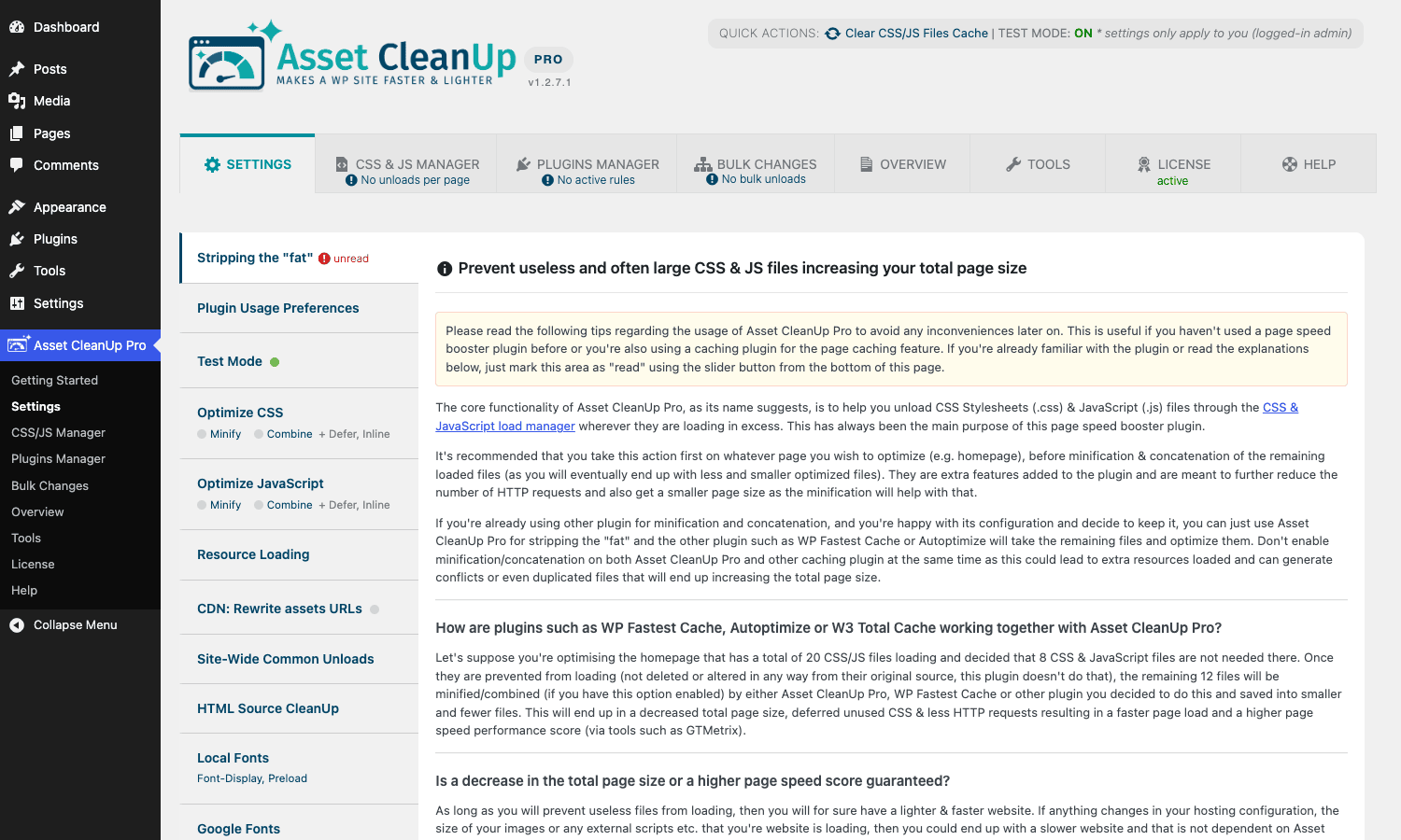 Asset CleanUp Pro Strip the Fat settings Asset CleanUp Pro Settings page Strip the Fat panel
