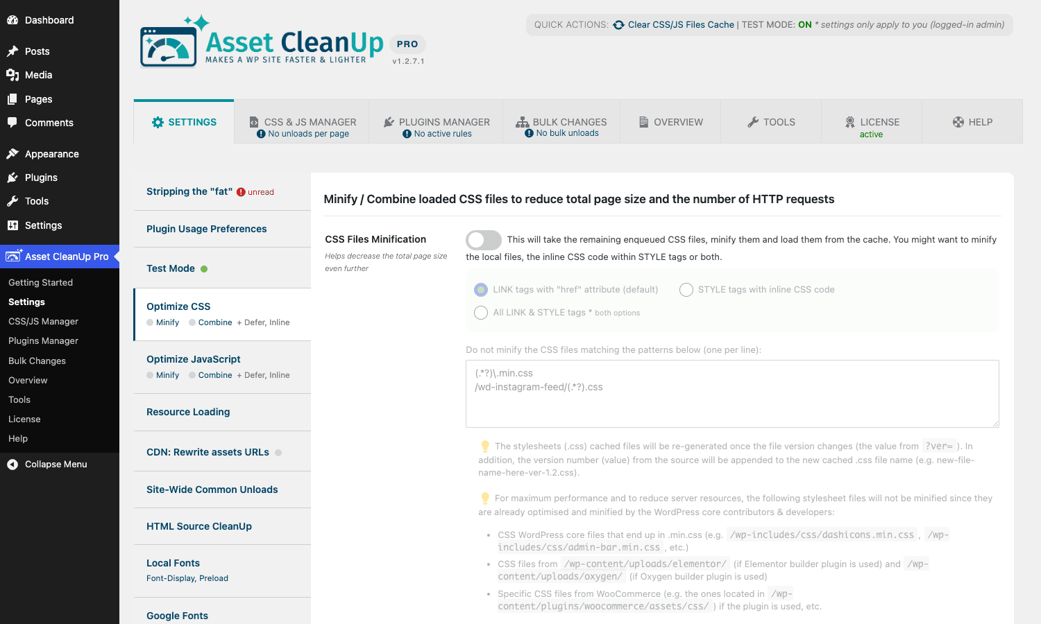 Optimize CSS panel Asset CleanUp Pro Optimize CSS settings