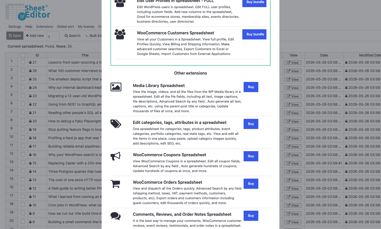 Extensions: the add-on marketplace inside the plugin Extensions modal showing add-on cards: WooCommerce Customers Spreadsheet, Media Library Spreadsheet, Edit categories tags attributes, WooCommerce Coupons Spreadsheet, WooCommerce Orders Spreadsheet, Comments Reviews and User Notes Spreadsheet, each with a Buy bundle button